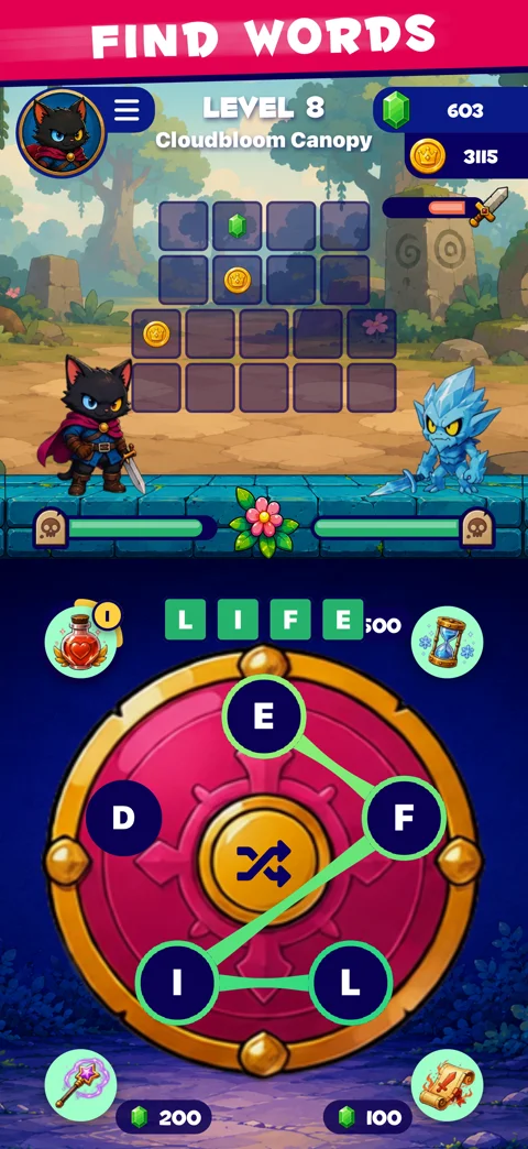 Find words on the shield's letter wheel.