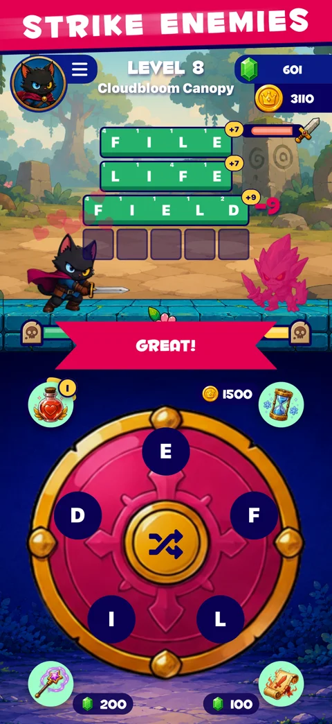 Turn completed words into attacks.