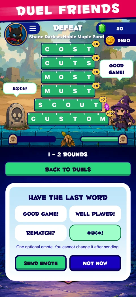 A Word Duels result with post-match emotes.